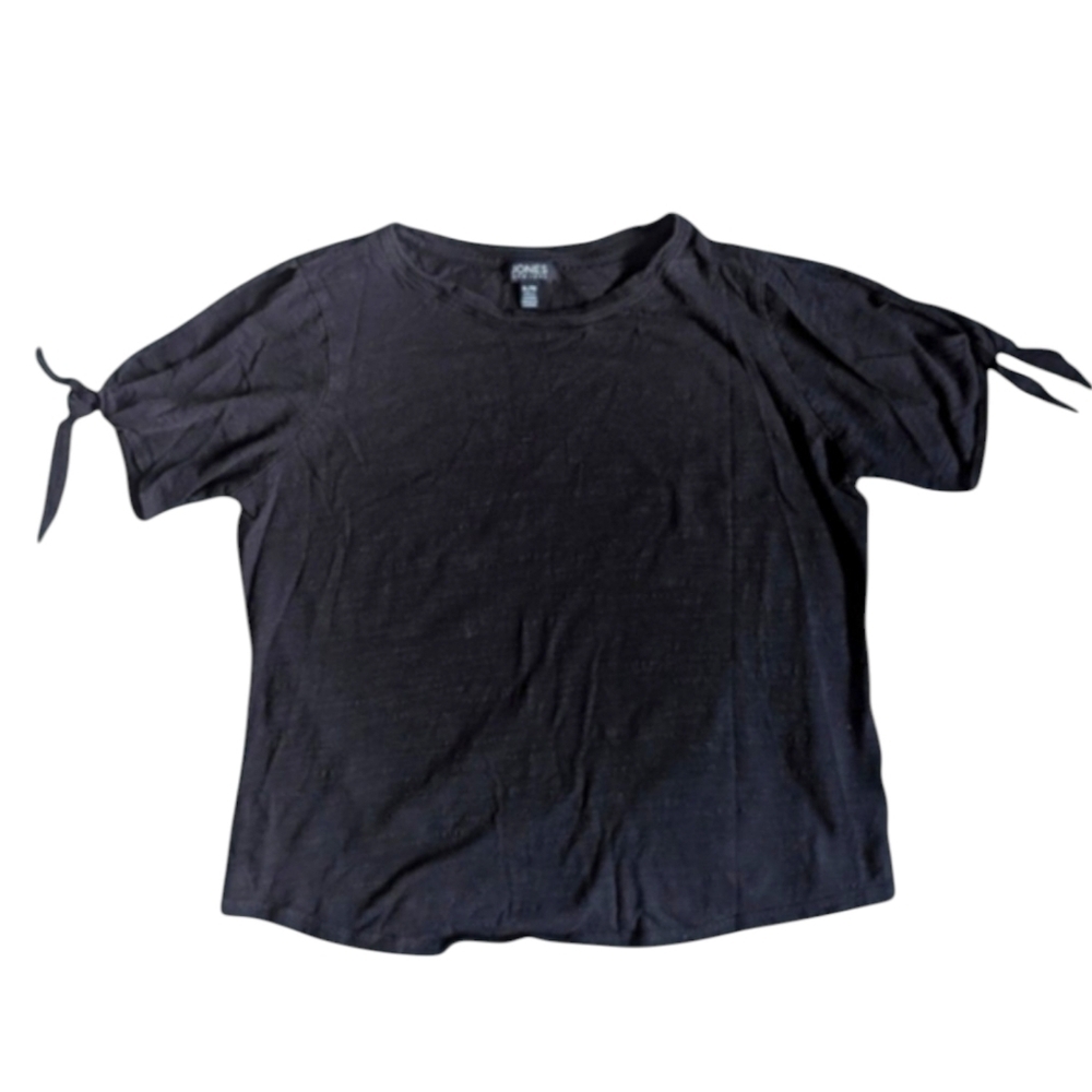 JONES NEW YORK Women's Black Cotton Top XL Tie Sleeve  Peekaboo Shoulders
